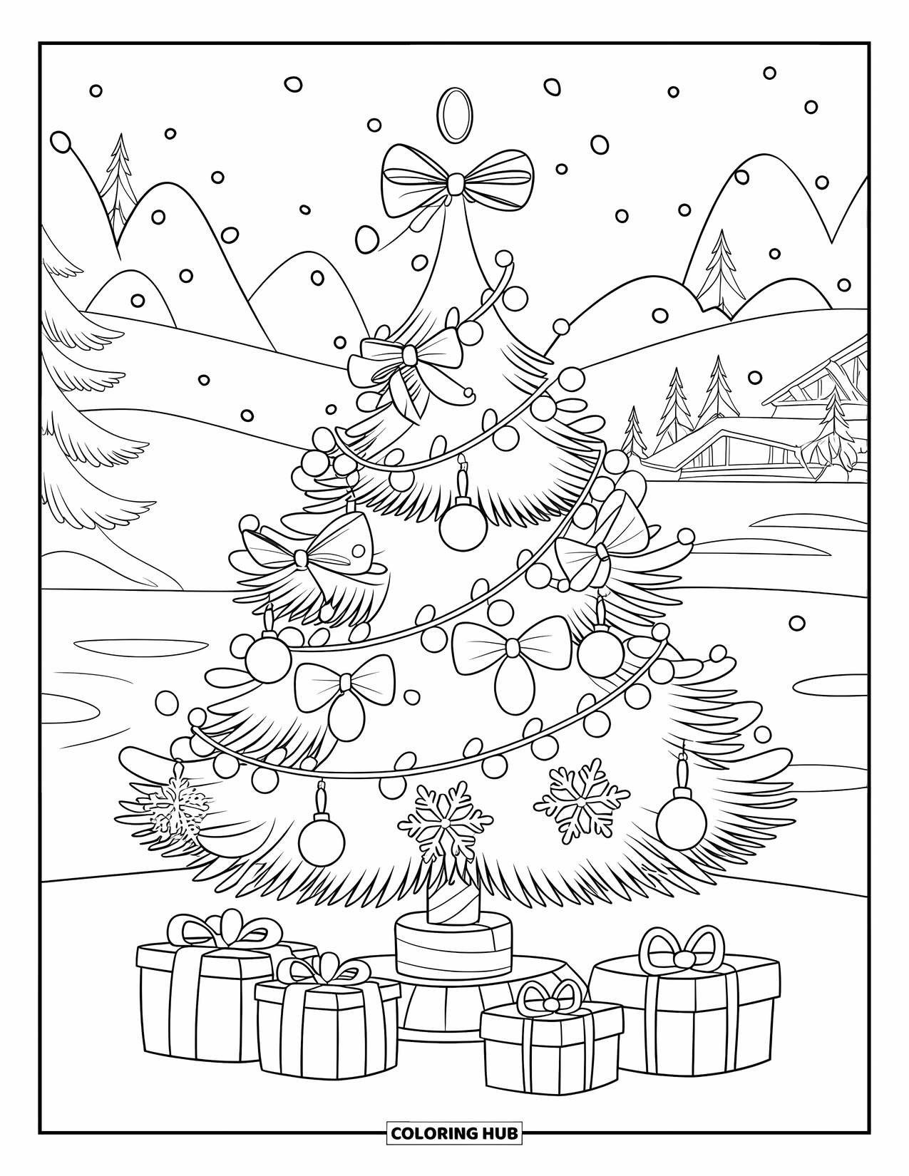 Christmas Tree Coloring Page for Kids: Tree with snowflakes, bows, gifts, and a peaceful snowy mountain scene