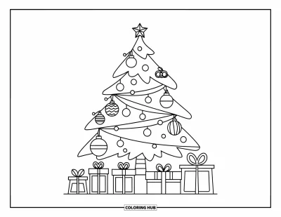 Coloriage de sapin de Noël pour enfants : Un sapin avec des cadeaux empilés et des lanternes de chaque côté dans un décor épuré