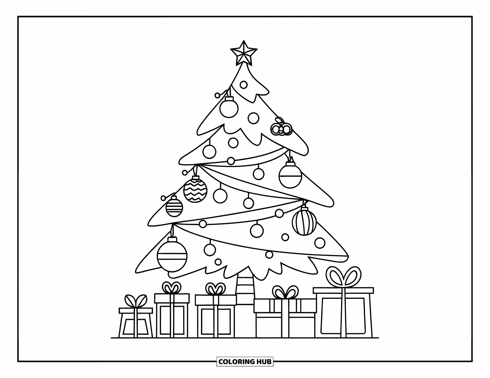 Christmas Tree Coloring Page for Kids: Tree with stacked presents and lanterns on each side in a simple setting