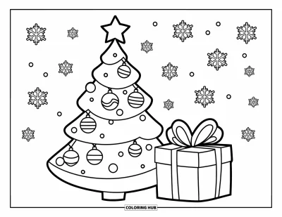 Coloriage de sapin de Noël pour enfants : Un sapin avec une étoile et des ornements près d'un cadeau et de flocons qui tombent