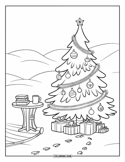 Coloriage de sapin de Noël pour enfants : Un sapin avec des guirlandes scintillantes et une table avec du chocolat chaud dans un paysage de collines enneigées