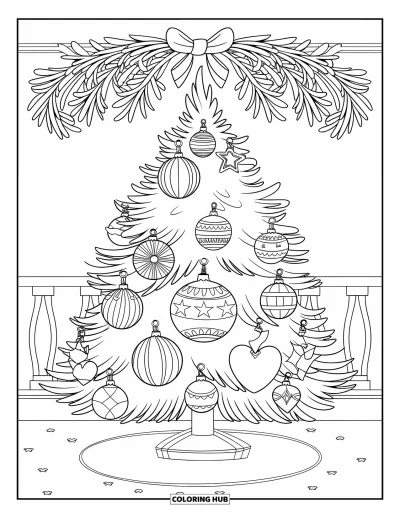 Coloriage de sapin de Noël pour enfants : Un sapin avec des ornements rétro, du gui et un cadre en bois accueillant