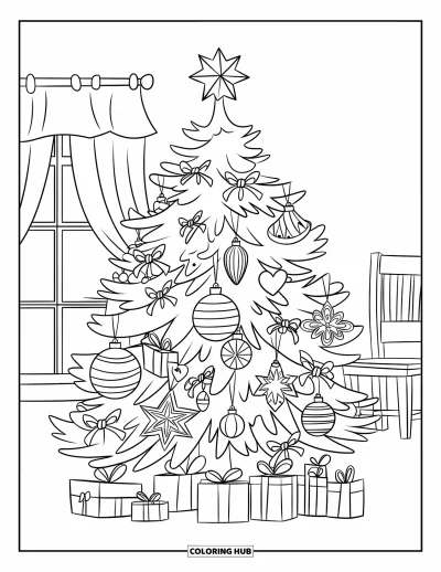 Coloriage de sapin de Noël pour enfants : Un sapin avec des ornements rétro, du gui et une fenêtre avec un rideau
