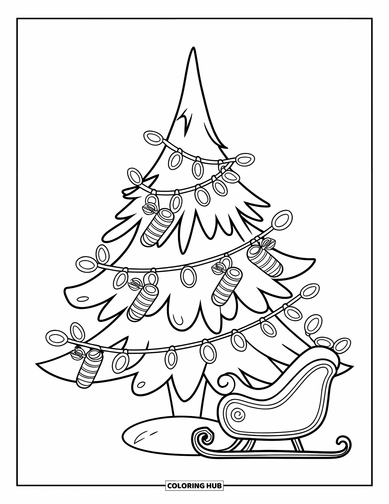 Christmas Tree Coloring Page for Kids: Tree wrapped in lights and candy with a sleigh nearby