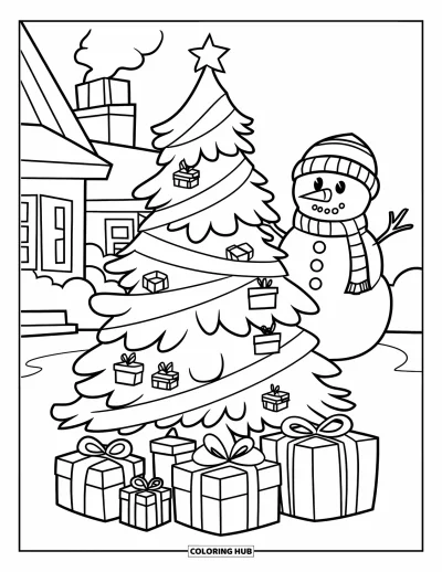 Coloriage de sapin de Noël pour enfants : Un sapin entouré de cadeaux et un bonhomme de neige près d'une maison accueillante