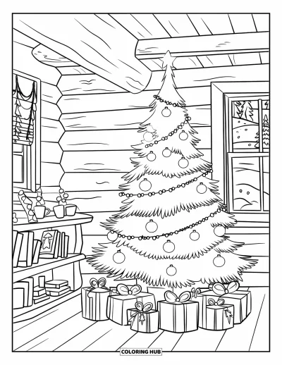 Coloriage de sapin de Noël pour enfants : Une scène chaleureuse dans un chalet en rondins avec un sapin décoré, des livres, des tasses et des arbres enneigés dehors
