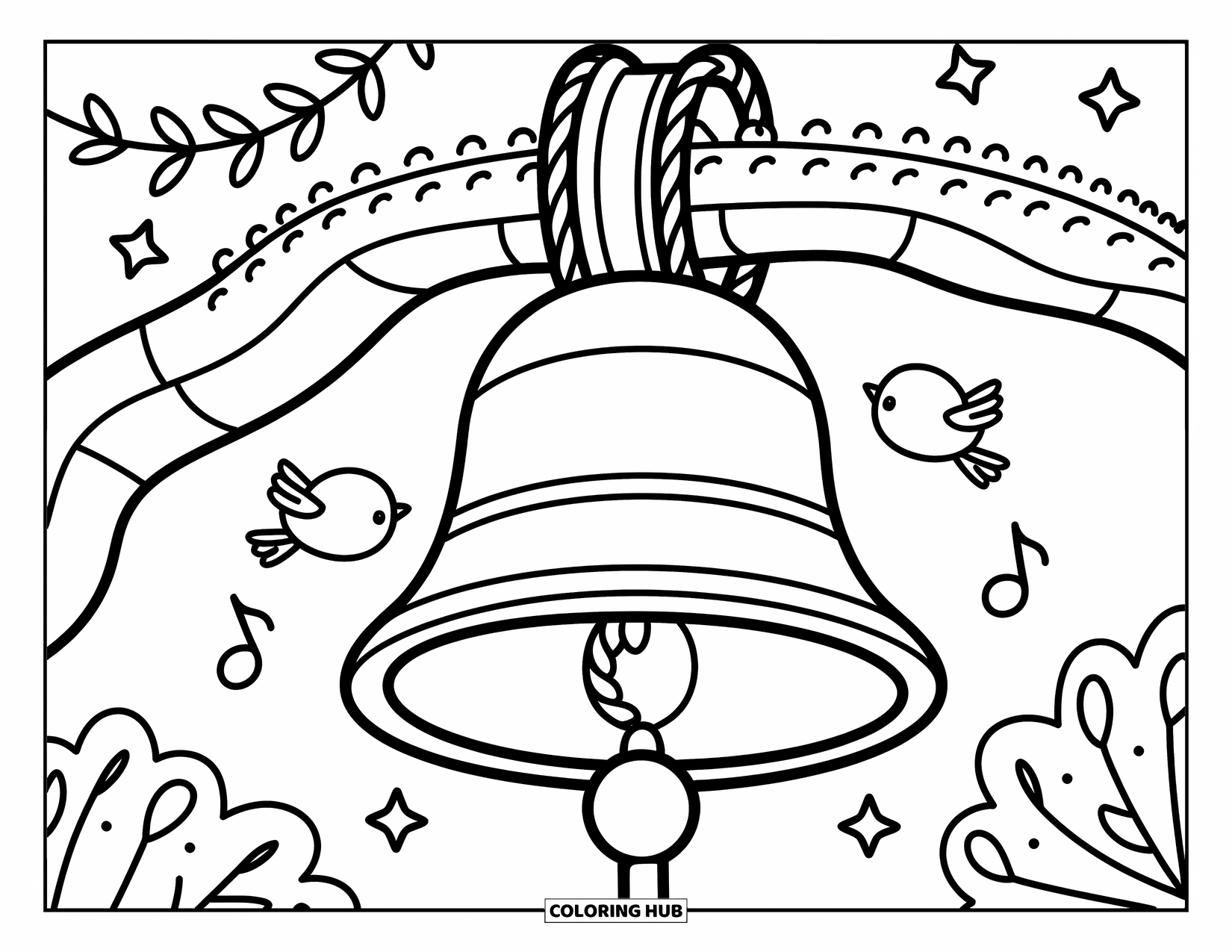 Church Coloring Page for Adults: A bell tower with musical notes, cute birds, and leafy garlands around the bell