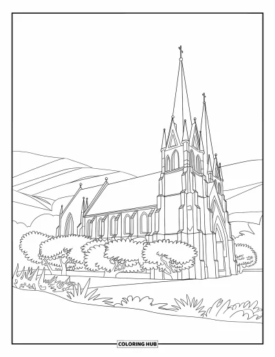 Coloriage d'églises pour adultes : Une église cathédrale avec des arbres en fleurs, des buissons et de douces collines en toile de fond