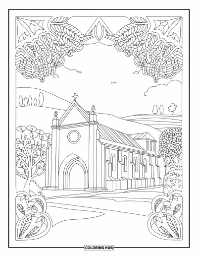Coloriage d'églises pour adultes : Une cathédrale avec des flèches et des arbres fleuris entourés de douces collines ondulantes