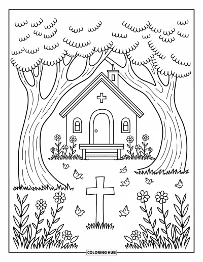 Coloriage d'églises pour adultes : Une chapelle aperçue à travers des branches avec des oiseaux et des fleurs à proximité