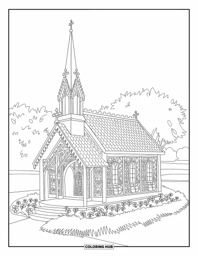 Coloriage d'églises pour adultes : Une chapelle avec un clocher décoratif, des parterres de fleurs et des murs style vitrail