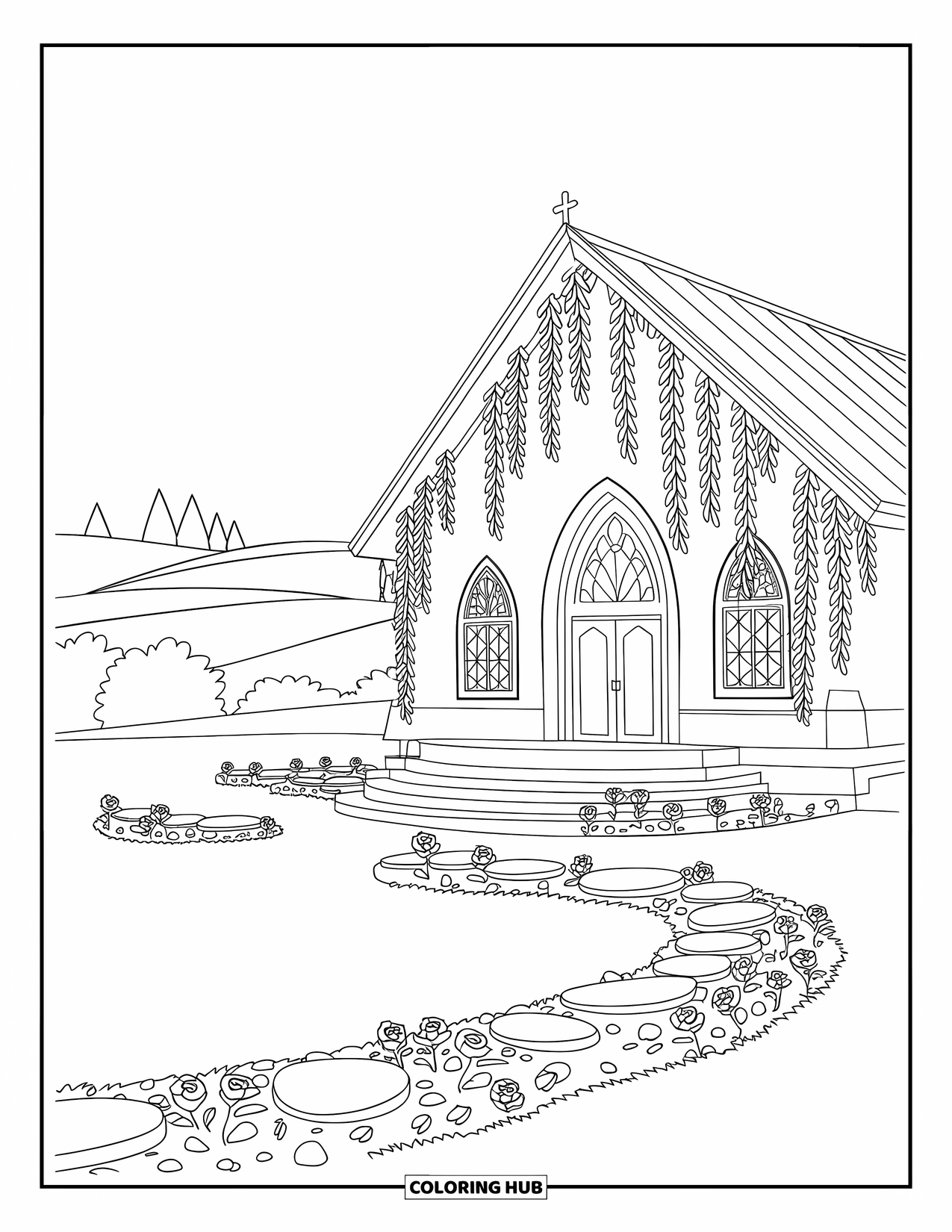 Church Coloring Page for Adults: A chapel with draped vines, ornamental windows, and roses in the front lawn