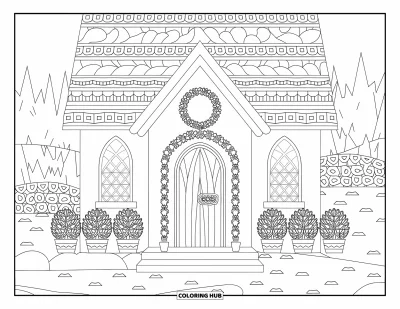 Coloriage d'églises pour adultes : Une chapelle avec des toits à motifs, des plantes en pots et une couronne florale sur la porte