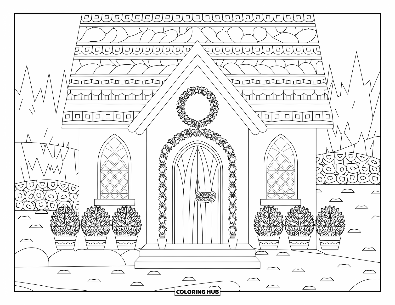 Church Coloring Page for Adults: A chapel with patterned rooftops, potted plants, and a floral wreath on the door