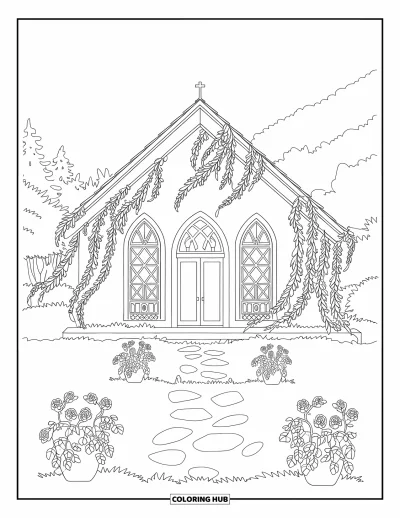 Coloriage d'églises pour adultes : Une charmante chapelle avec des vignes, des roses et un chemin de pierre jusqu'à la porte