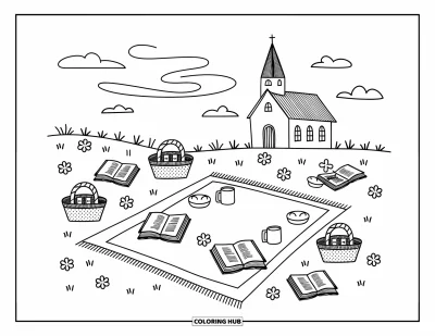 Coloriage d'églises pour adultes : Un pique-nique dans un pré près d'une église avec des Bibles, du pain, du jus et des brises légères