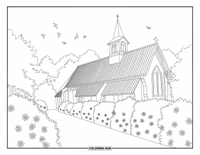 Coloriage d'églises pour adultes : Une église avec des arches pointues et des oiseaux qui volent au-dessus d'allées fleuries