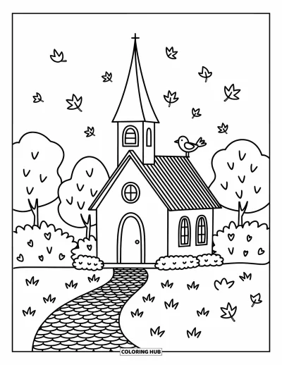 Coloriage d'églises pour adultes : Une chapelle de campagne avec des arbres, des buissons et un joli oiseau près du clocher