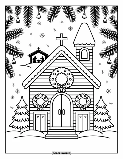 Coloriage d'églises pour adultes : Une chapelle enneigée avec des couronnes et une scène de nativité encadrée de sapins