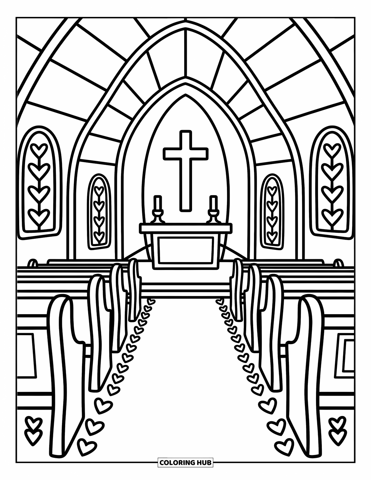 Church Coloring Page for Adults: A cozy chapel interior with soft candles, pews, and heart-shaped decorations