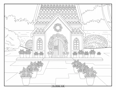 Coloriage d'églises pour adultes : Une chapelle accueillante avec des plantes en pots et des toits à motifs près d'arbres et d'un plan d'eau