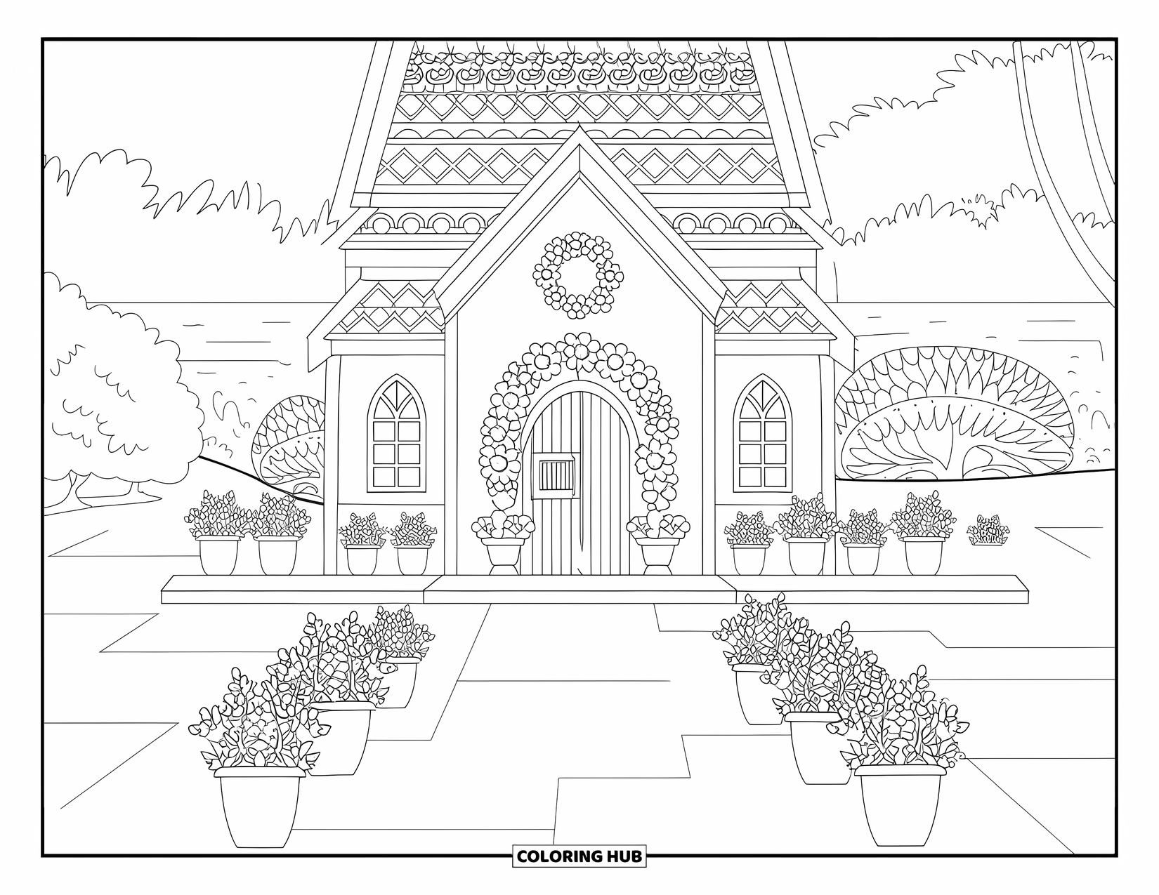 Church Coloring Page for Adults: A cozy chapel with potted plants and patterned roofs near trees and water