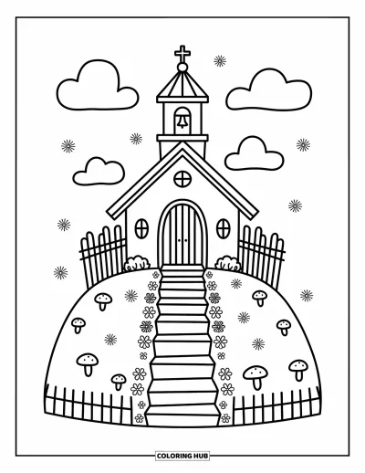 Coloriage d'églises pour adultes : Une église douillette sur une colline avec des fleurs, des nuages et une croix sur le clocher