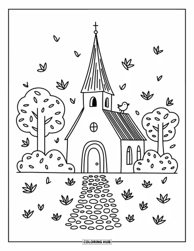 Coloriage d'églises pour adultes : Une église accueillante avec des feuilles qui voltigent et un grand clocher sur un chemin de pierre