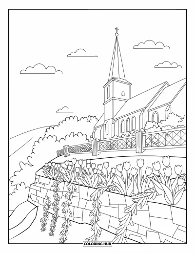 Coloriage d'églises pour adultes : Une église douillette avec des tulipes et du lierre encadrés de murs en pierre et de nuages