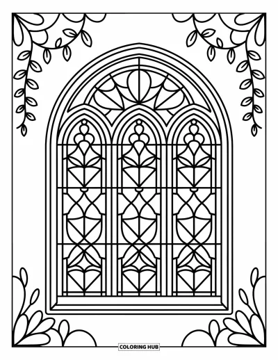 Coloriage d'églises pour adultes : Une belle arche de vitrail avec des vignes feuillues, des rubans et des motifs floraux arrondis