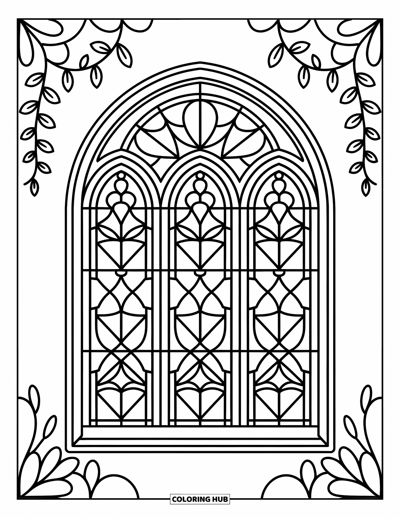 Church Coloring Page for Adults: A cute stained glass arch with leafy vines, ribbons, and rounded floral patterns