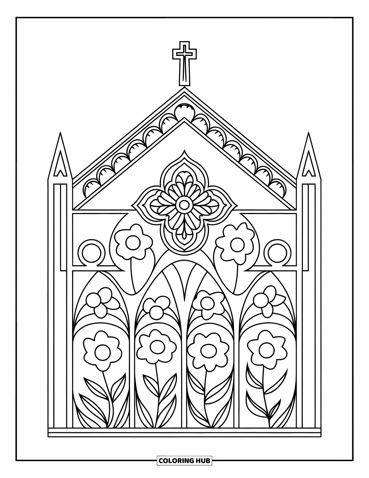 Church Coloring Page for Adults: A floral-framed gothic church with arches and a detailed cross