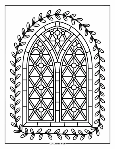 Coloriage d'églises pour adultes : Une fenêtre de vitrail fleurie encadrée de vignes, de rubans et de courbes délicates