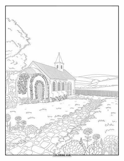 Coloriage d'églises pour adultes : Un jardin d'églises bordé de fleurs avec des fenêtres en arc et une allée pavée