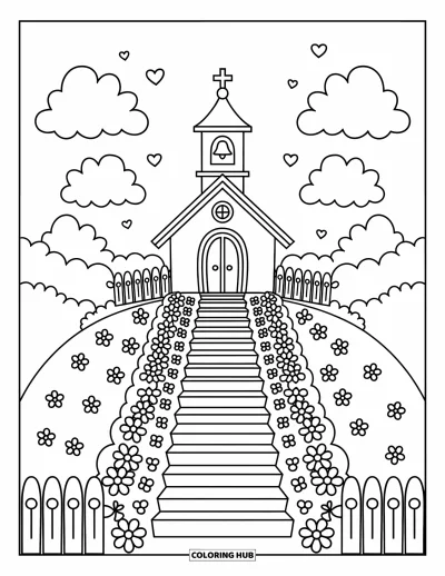 Coloriage d'églises pour adultes : Une allée fleurie mène à une église au sommet d'une colline avec des nuages moelleux autour