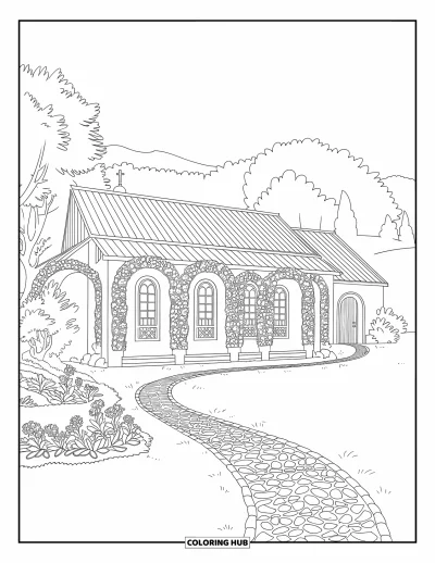 Coloriage d'églises pour adultes : Une église au jardin avec des fenêtres en arc, des fleurs et un chemin de pavés sinueux
