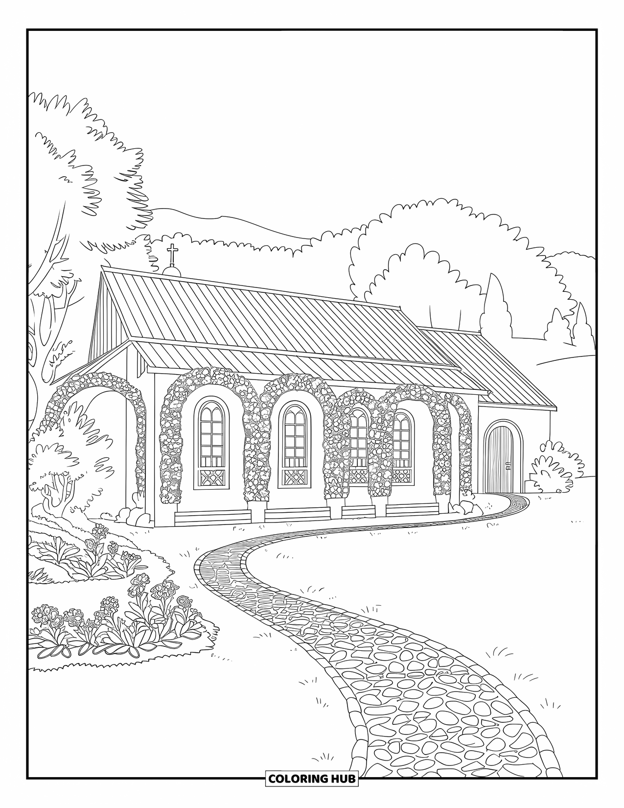 Church Coloring Page for Adults: A garden church with arched windows, flowers, and a winding cobblestone path