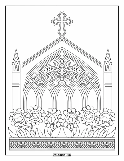 Coloriage d'églises pour adultes : Une église gothique avec des fleurs superposées et une croix ornementale au sommet