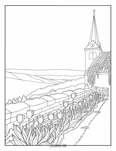 Coloriage d'églises pour adultes : Une église au sommet d'une colline avec des tulipes, du lierre et un mur en pierre dominant des collines ondulantes