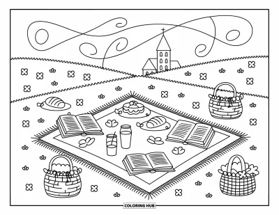 Coloriage d'églises pour adultes : Une scène de pique-nique dans un pré avec une église au loin et des couvertures chargées de douceurs