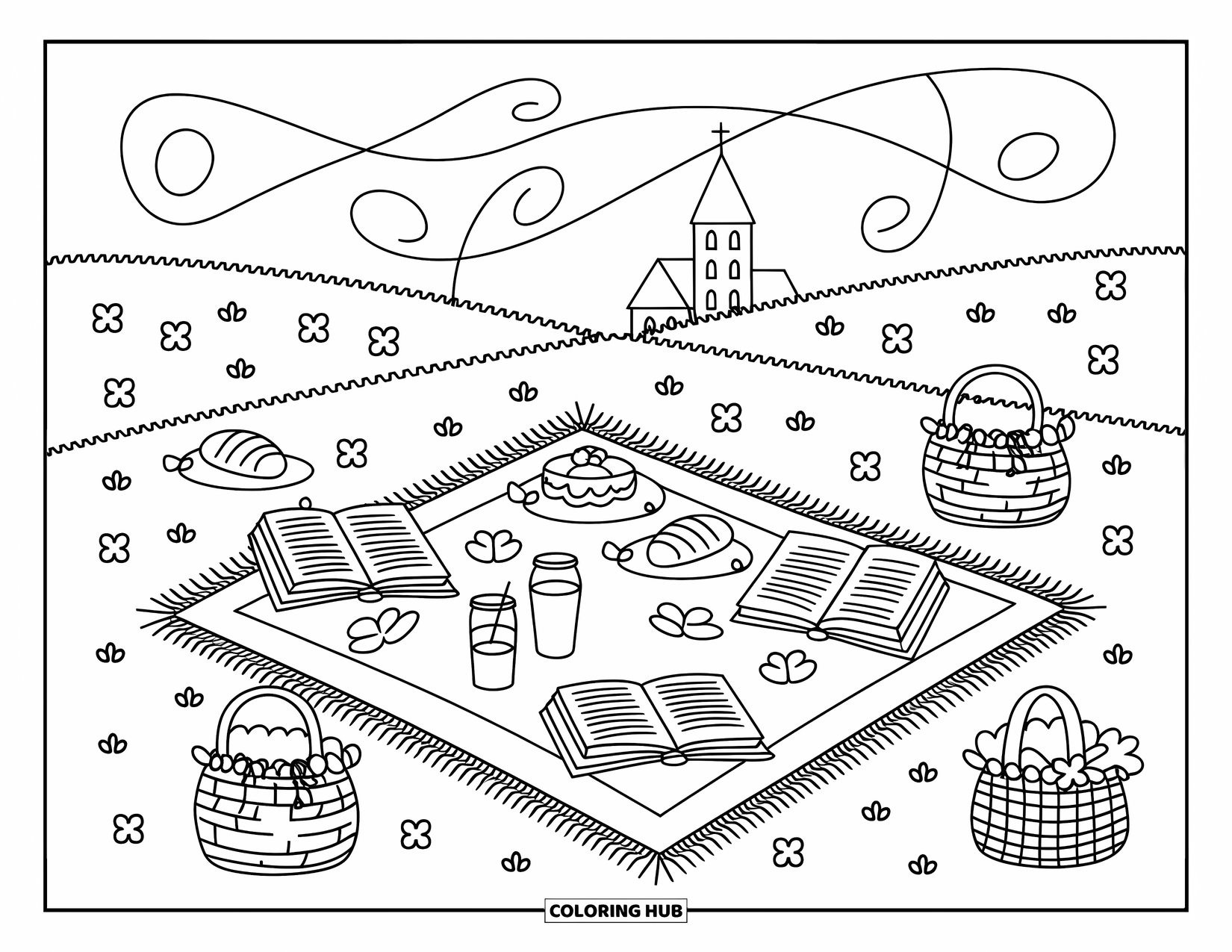 Church Coloring Page for Adults: A meadow picnic scene with a church in the distance and blankets full of treats