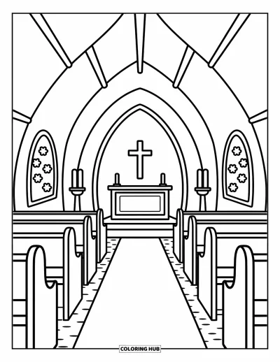 Coloriage d'églises pour adultes : Une allée de chapelle paisible avec des bancs courbés, des bougies et des vitraux floraux