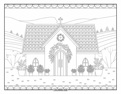 Coloriage d'églises pour adultes : Une chapelle sereine avec des toits à motifs et des plantes en pots entourée de collines