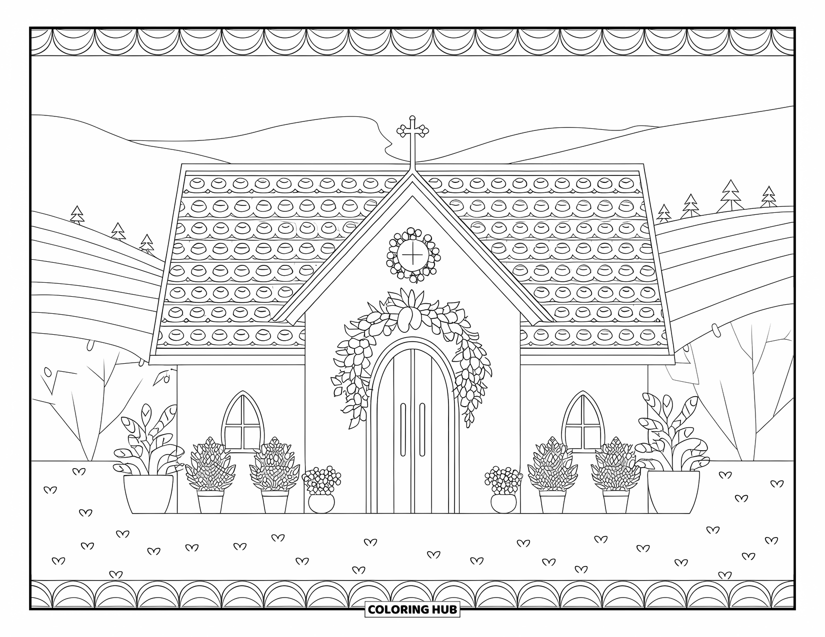 Church Coloring Page for Adults: A peaceful chapel with rooftop patterns and potted plants surrounded by hills