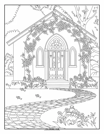 Coloriage d'églises pour adultes : Une paisible église de campagne avec des arches fleuries et un chemin de pierre