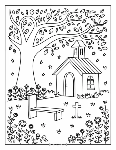 Coloriage d'églises pour adultes : Une scène de chapelle recueillie avec des oiseaux, des fleurs et des feuilles voltigeant sous un grand arbre