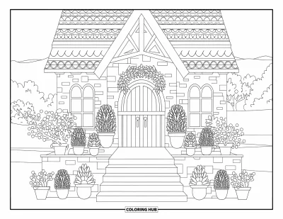 Coloriage d'églises pour adultes : Une jolie chapelle avec des escaliers, des plantes en pots et une couronne florale près de la porte