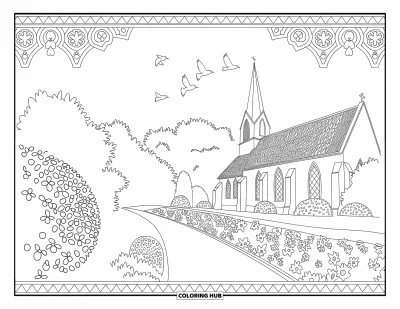 Coloriage d'églises pour adultes : Un paisible jardin d'églises rempli de fleurs, d'oiseaux et d'éléments décoratifs