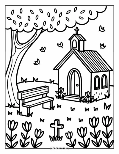 Coloriage d'églises pour adultes : Un banc de prière tranquille face à une croix sous un arbre, près d'une petite chapelle