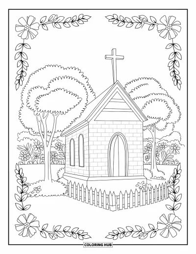 Coloriage d'églises pour adultes : Une petite église en brique avec des fleurs, des arbres et une clôture tout autour